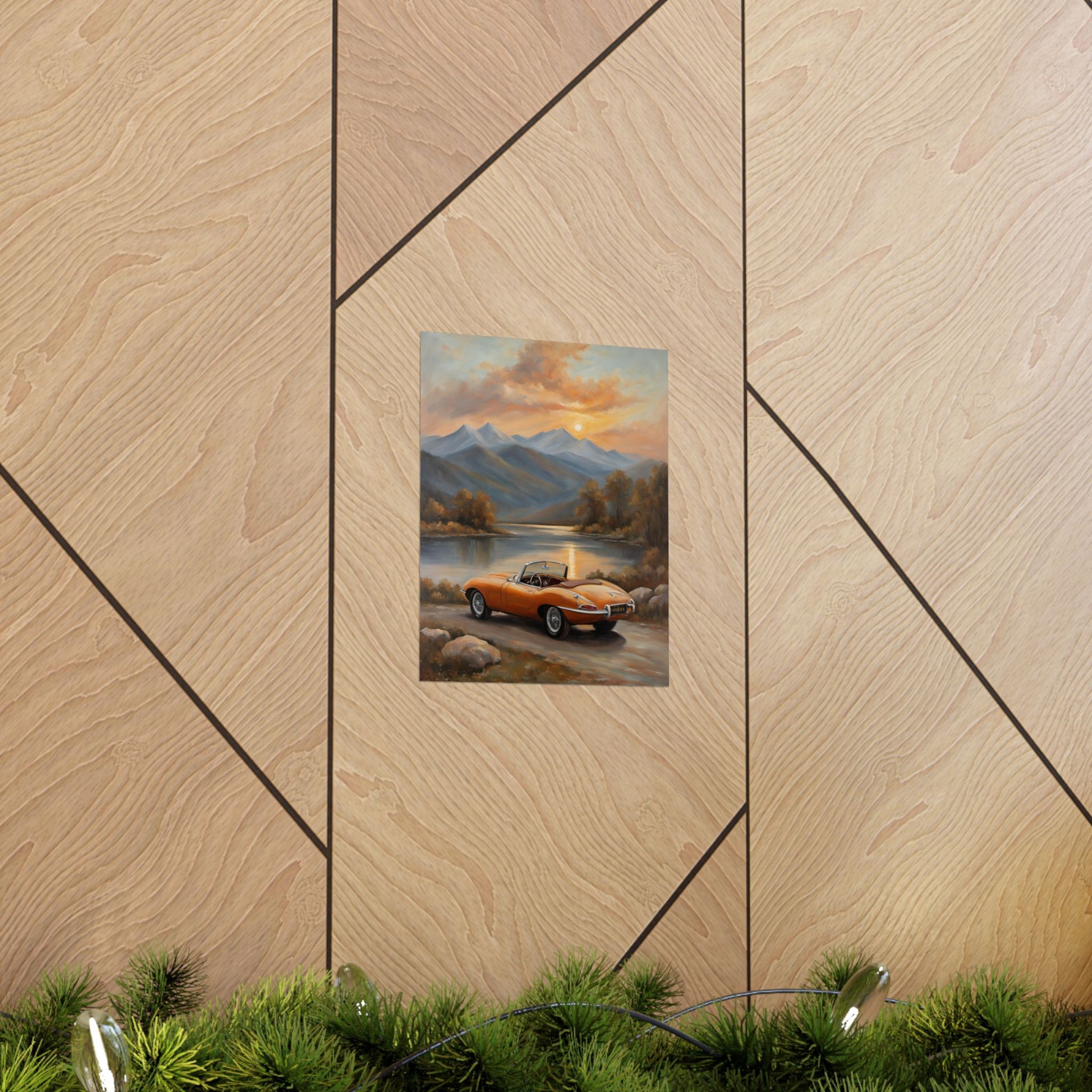 Scenic Car Posters featuring an orange sports car against a mountain sunset background