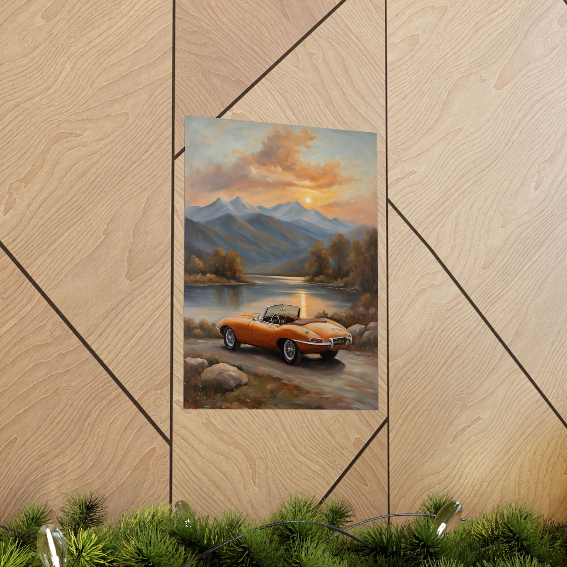 Scenic Car Posters featuring an orange vintage car by a serene lake at sunset