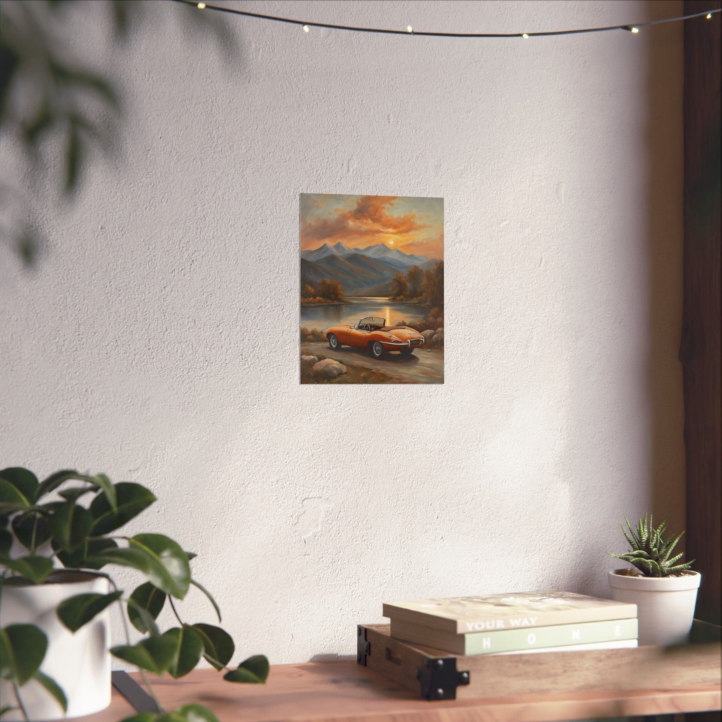 Scenic Car Posters featuring a vintage car by a mountain landscape at sunset