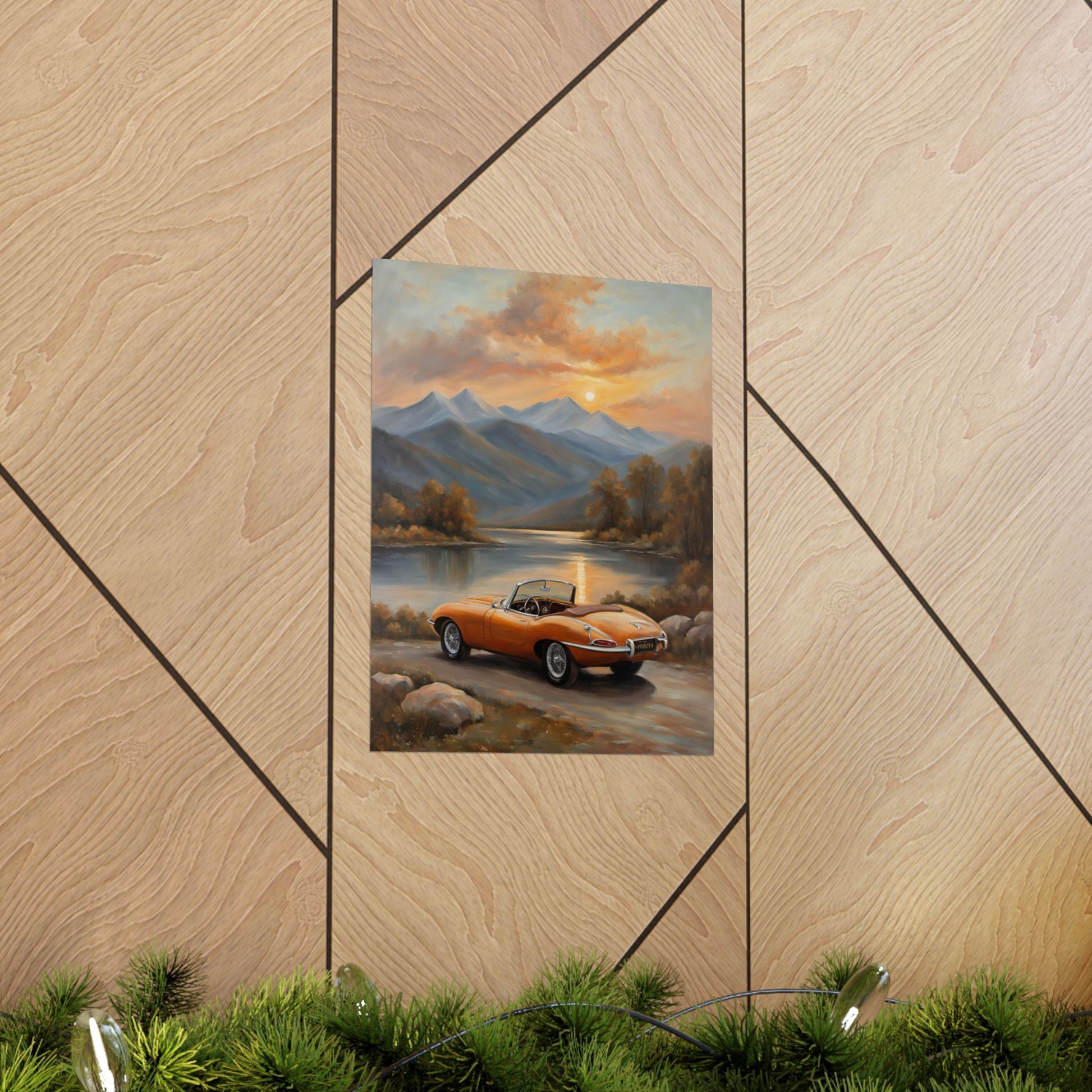 Scenic Car Posters featuring a classic orange car against a mountain lake backdrop