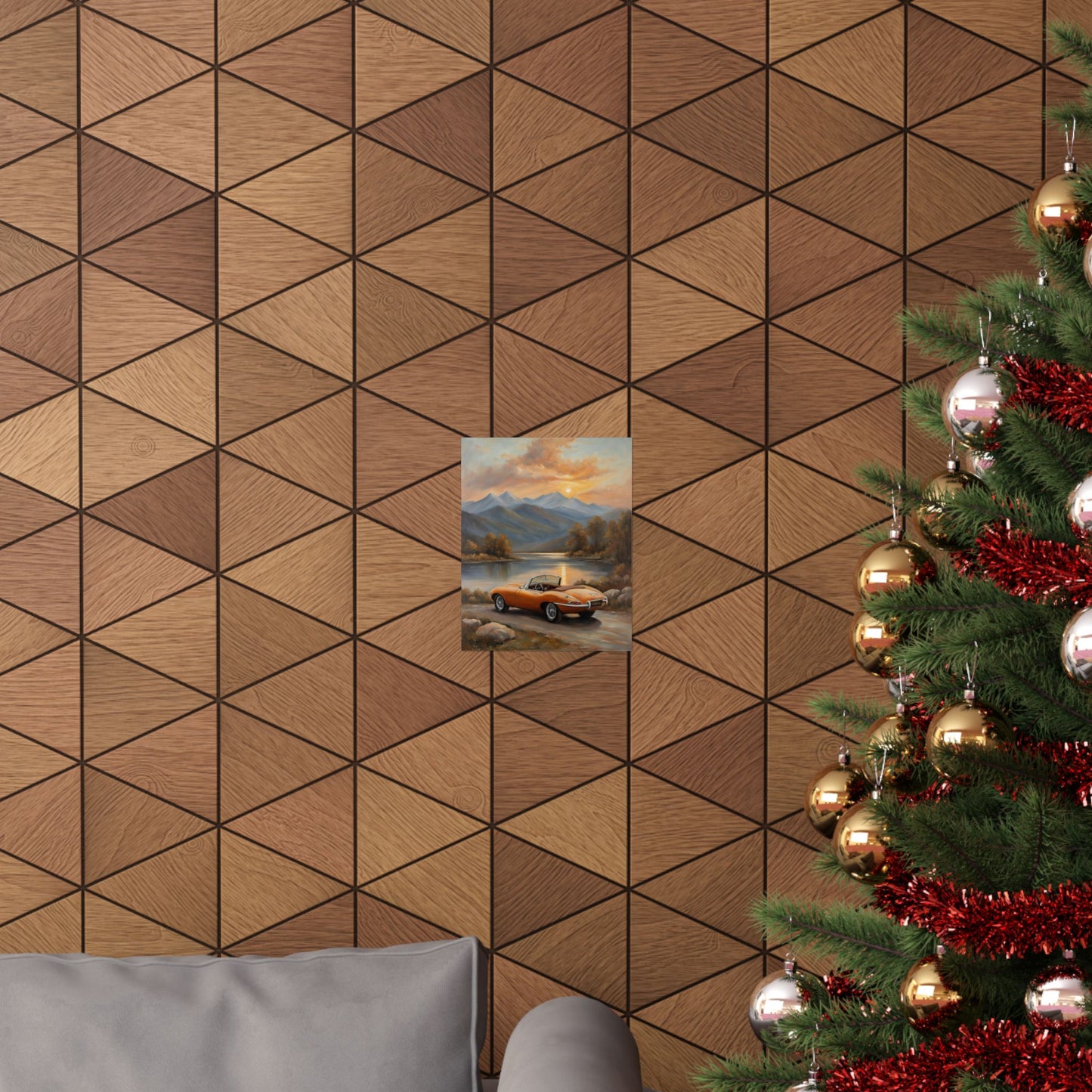 Scenic Car Posters featuring a vintage car in front of scenic mountains on a geometric wall pattern
