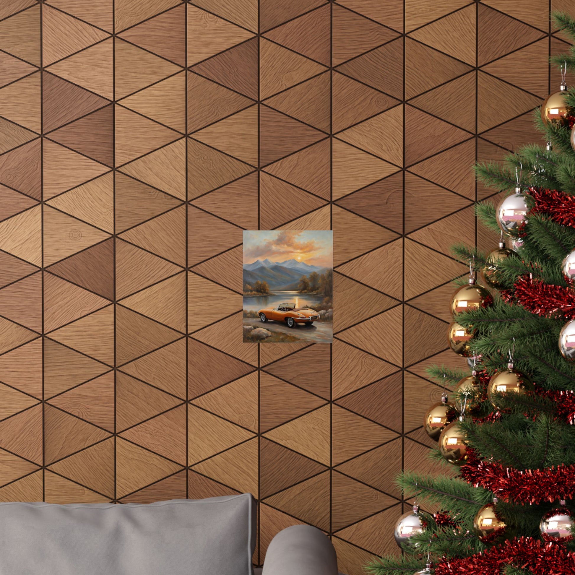 Scenic Car Posters featuring a vintage car in front of scenic mountains on a geometric wall pattern