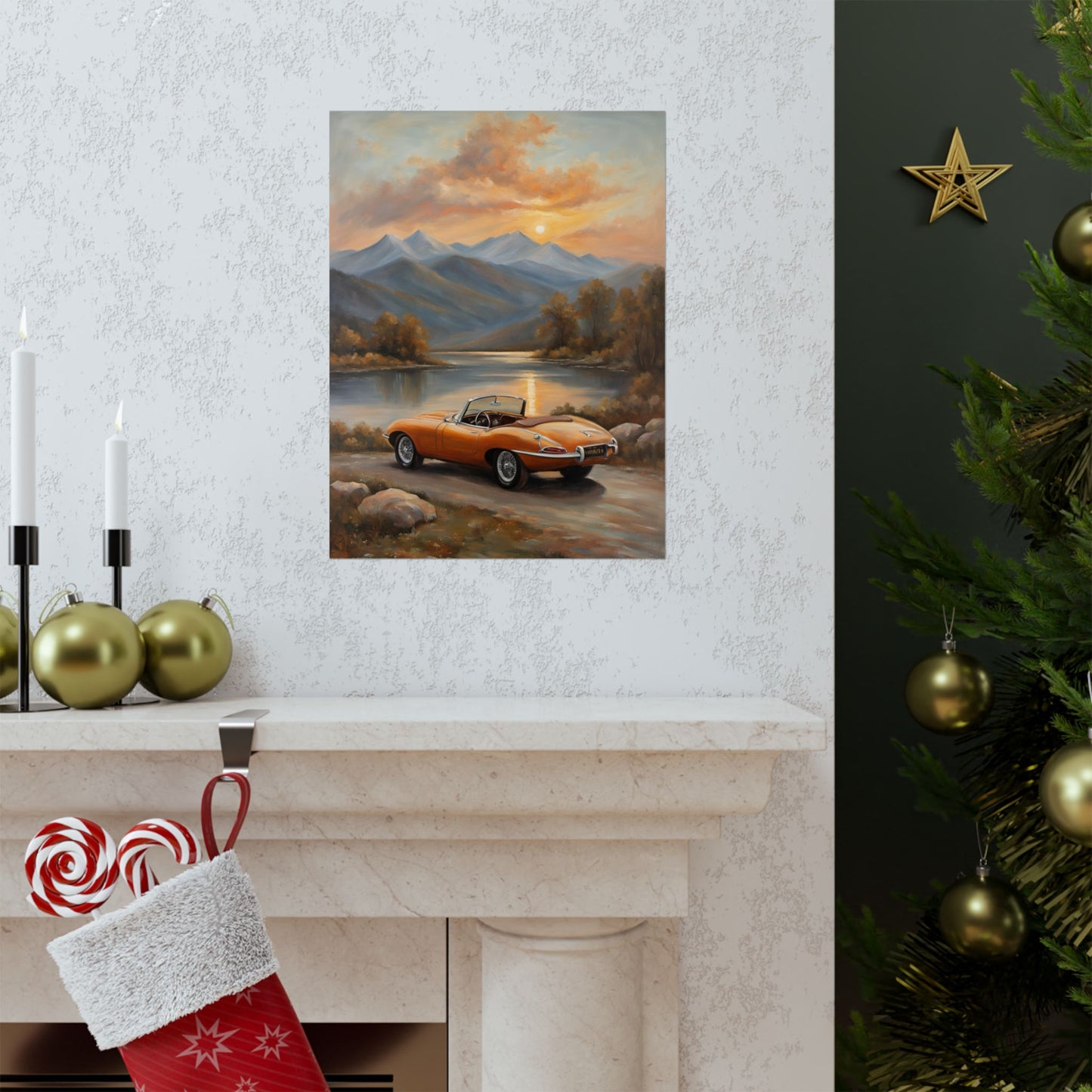 Scenic Car Poster featuring an orange convertible amidst a mountain sunset by Printify