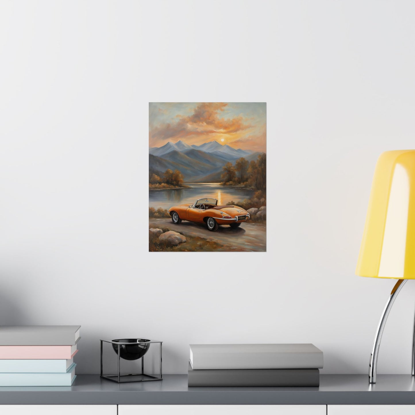 Scenic Car Posters featuring a vintage car by a tranquil lake with mountains in the background