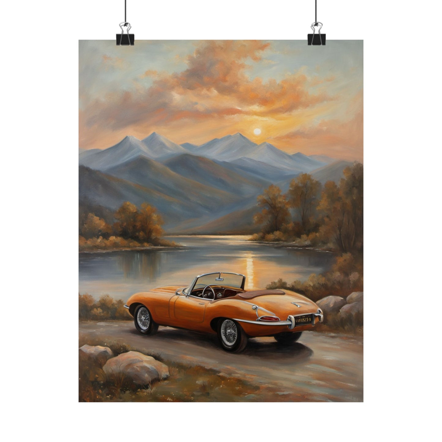 Scenic Car Poster featuring an orange vintage convertible by a mountain lake at sunset