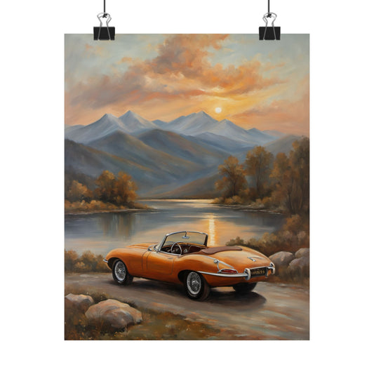 Scenic Car Posters featuring a classic orange convertible by a serene lake at sunset