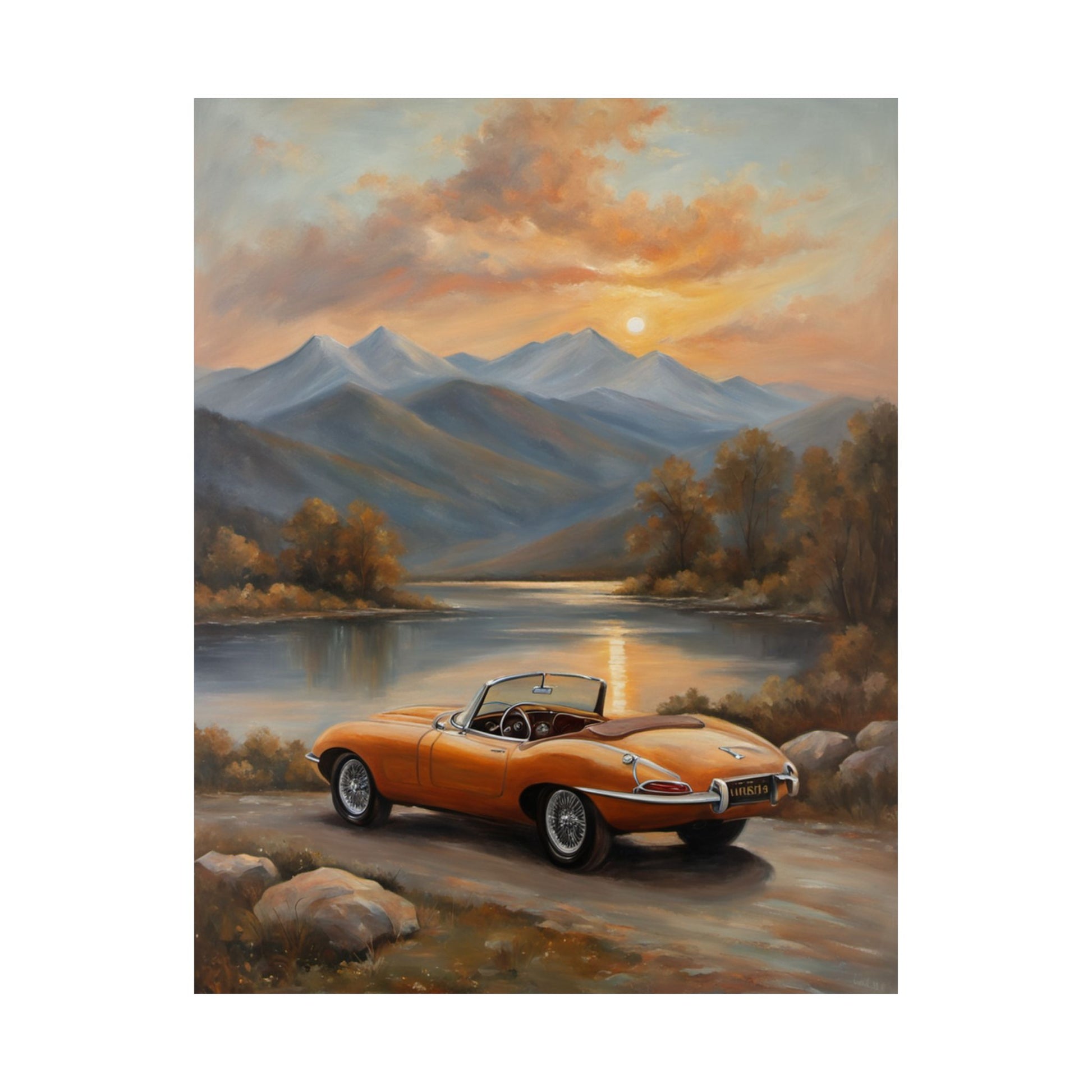 Scenic Car Posters featuring a classic orange convertible by a tranquil lake at sunset