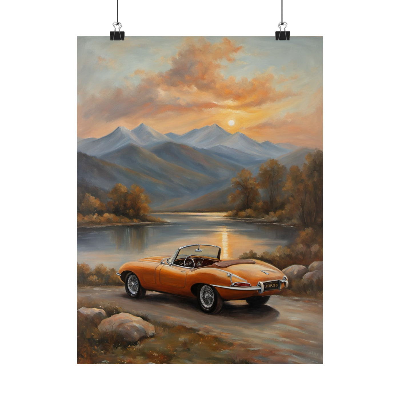 Scenic Car Posters featuring an orange sports car by a serene lake with mountains at sunset