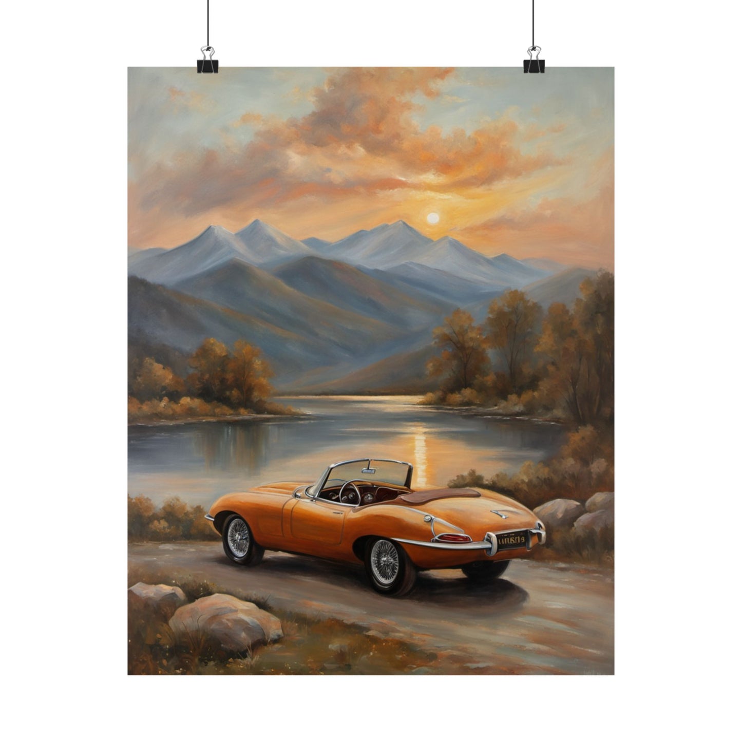 Scenic Car Posters featuring a vintage orange convertible by a tranquil lake at sunset