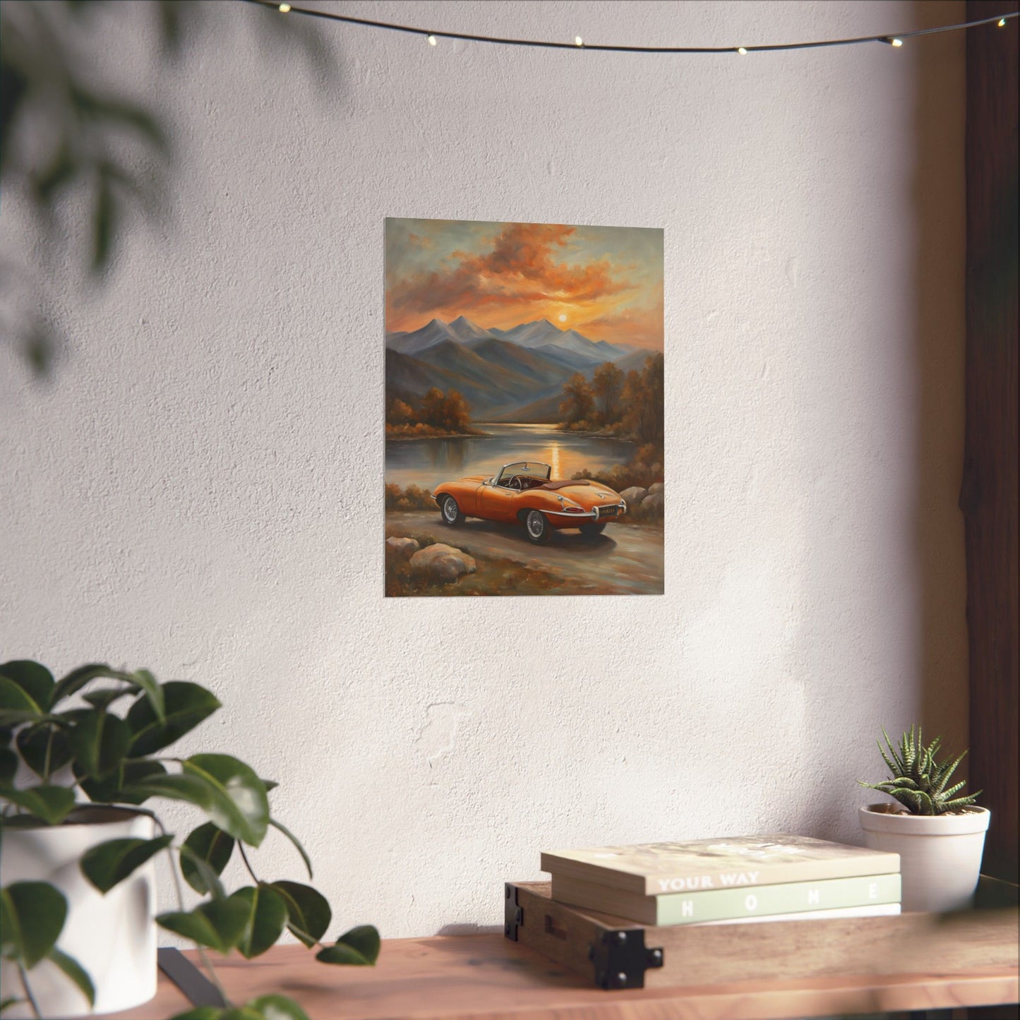 Scenic Car Posters featuring an orange vintage car against a picturesque sunset landscape