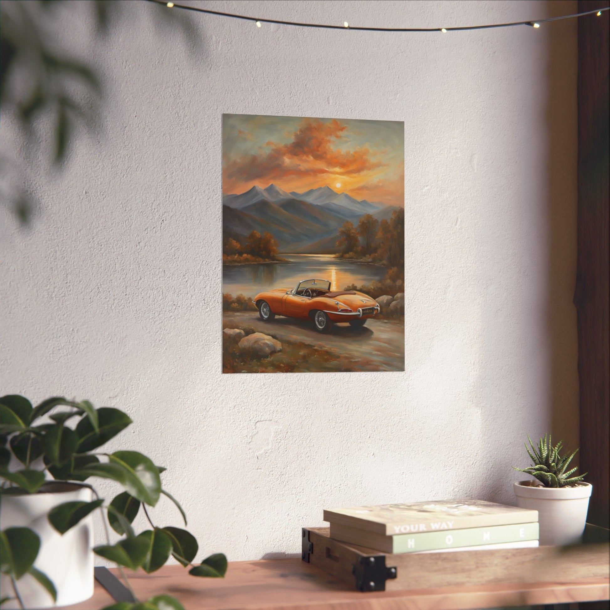 Scenic Car Posters featuring a vintage car against a sunset mountain backdrop for stylish home decor