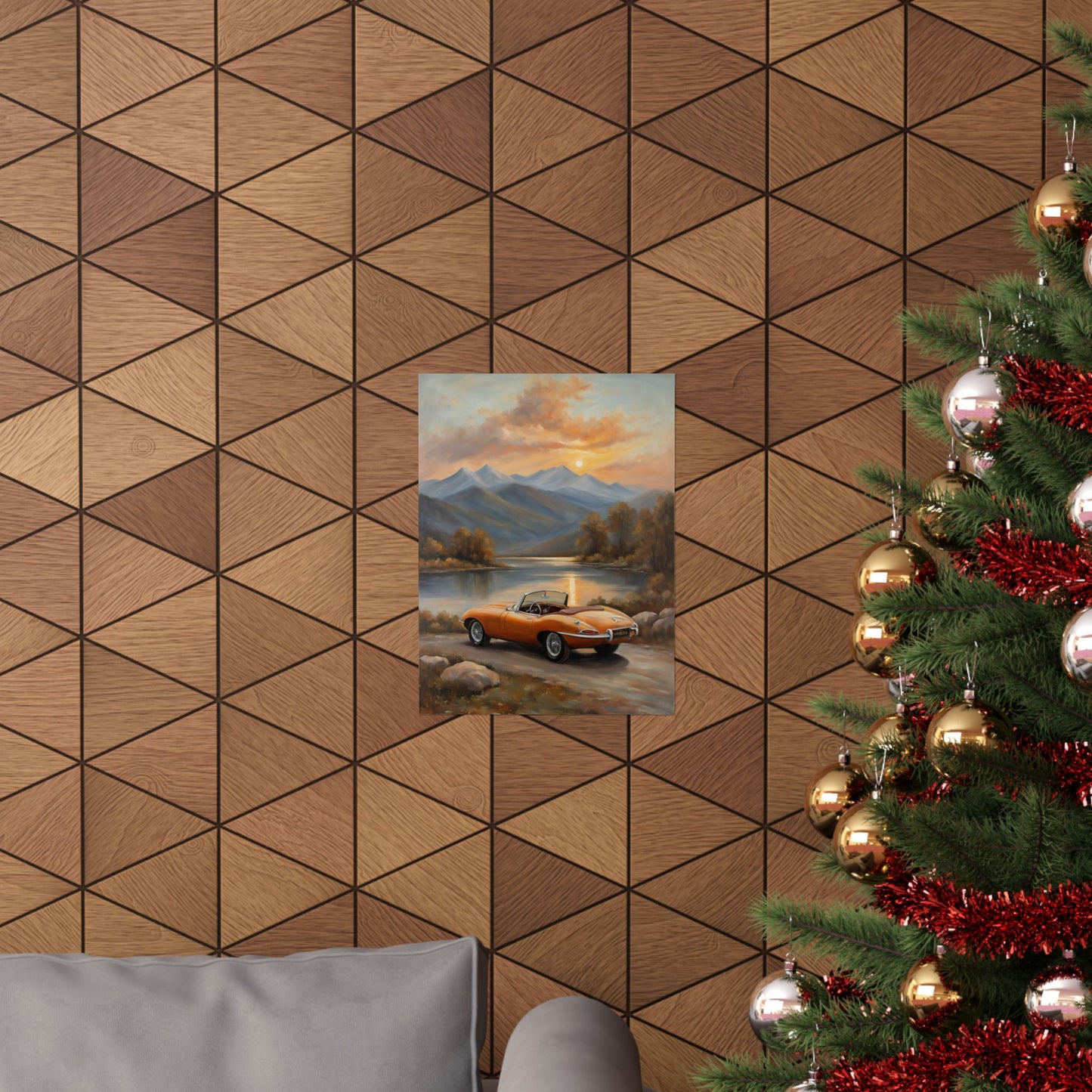 Scenic Car Posters featuring a vintage car by a lake with mountains in the background