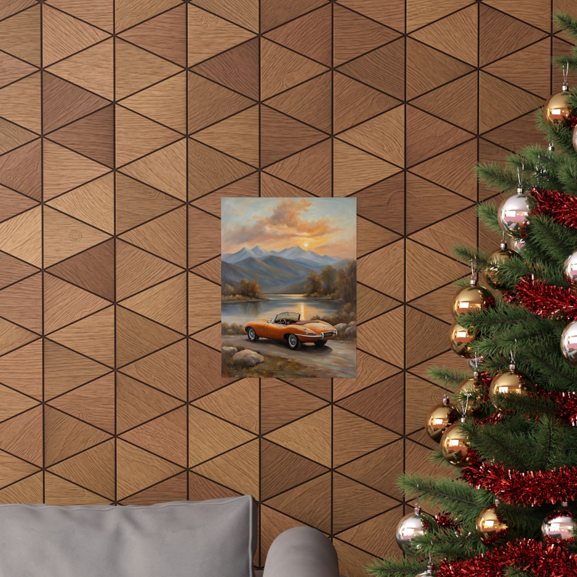 Scenic Car Posters featuring a vintage car by a lake with mountains in the background