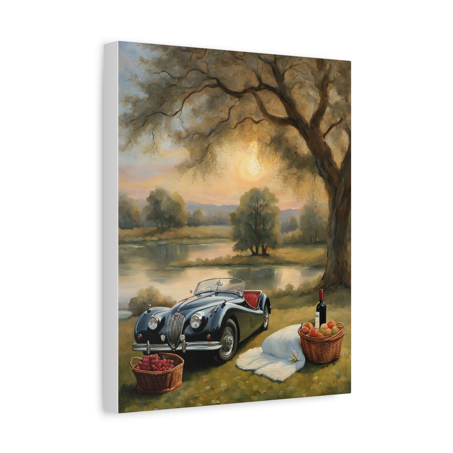 Scenic Car Print featuring a vintage car by a tranquil lake with picnic baskets and a sunset backdrop