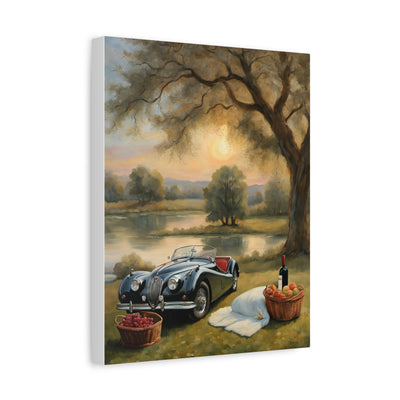 Scenic Car Print featuring a vintage car by a tranquil lake with picnic baskets and a sunset backdrop