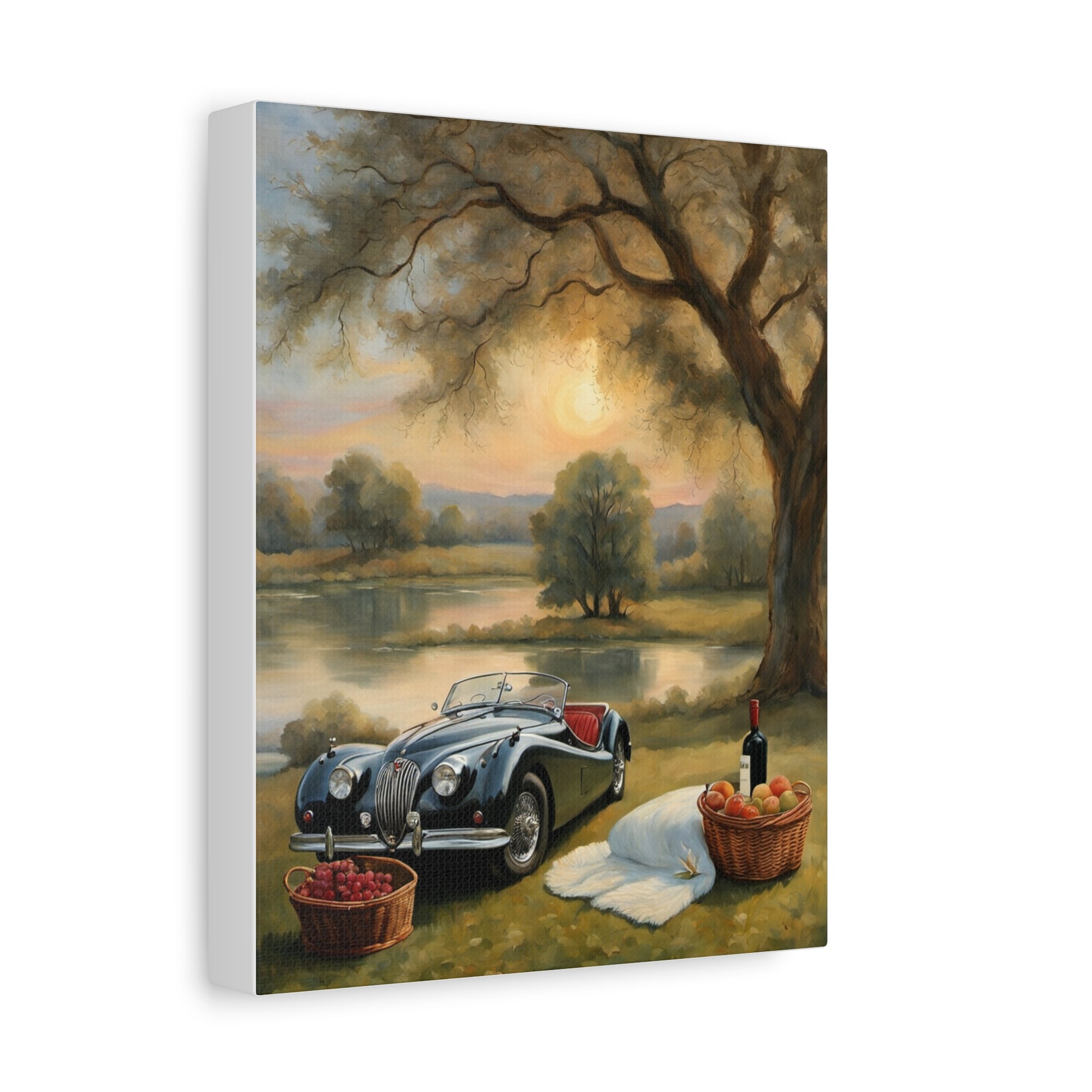 Scenic Car Print featuring a vintage black car near a tranquil lakeside with picnic baskets
