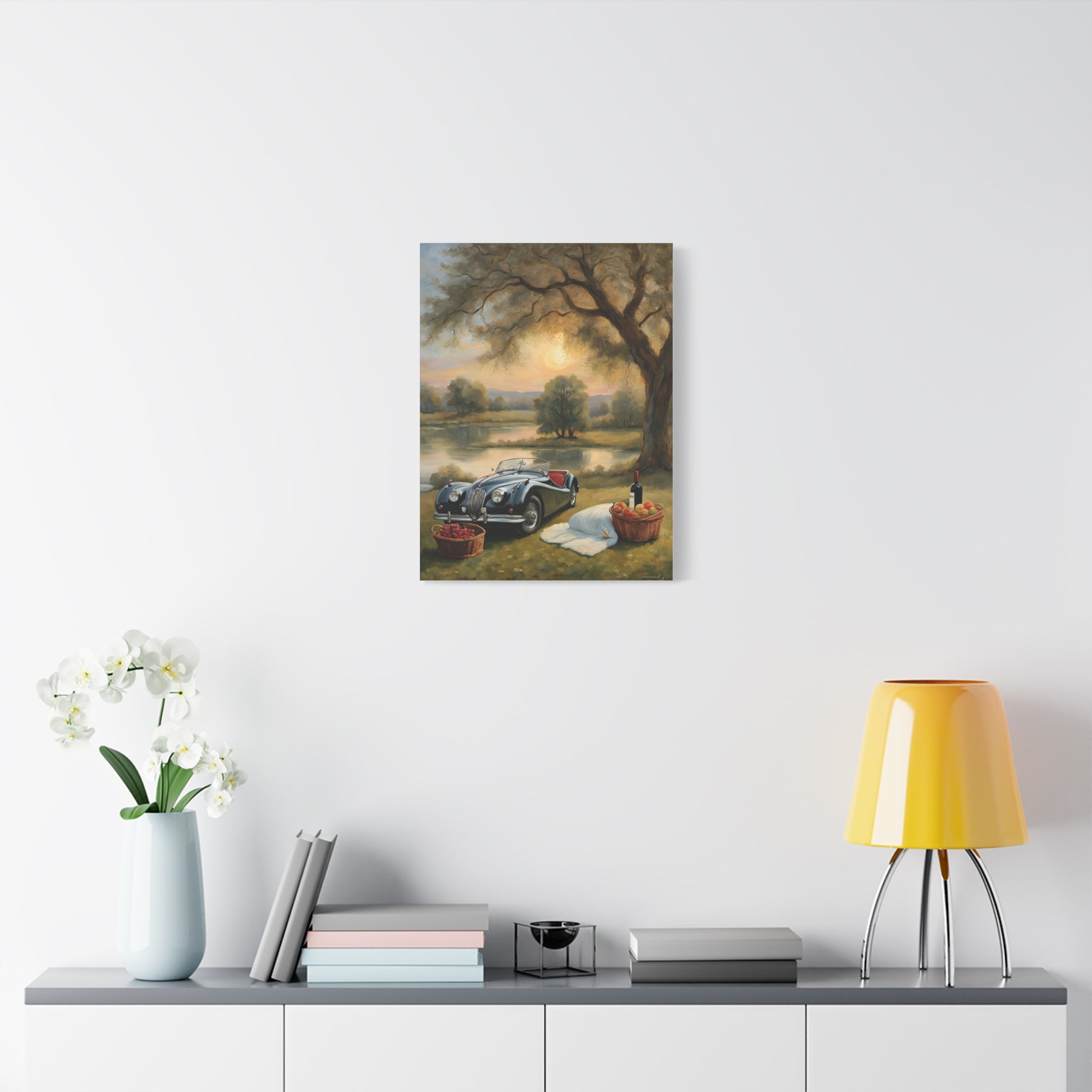 Scenic Car Print featuring a vintage car by a serene lakeside at sunset, perfect for home decor