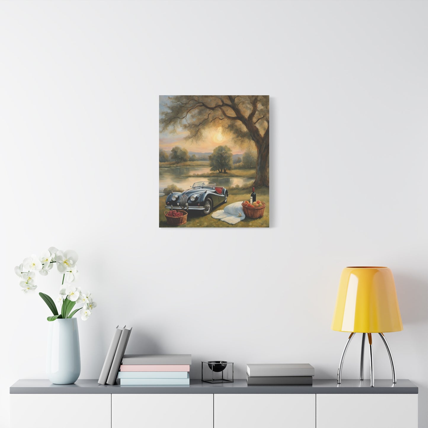 Scenic Car Print featuring a classic car by a serene lake during sunset for home decor