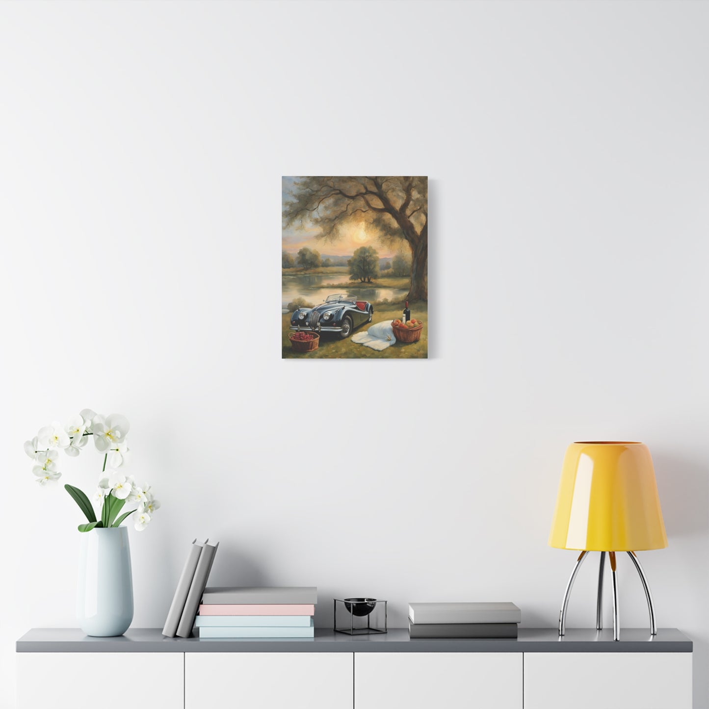 Scenic Car Print featuring a vintage black car near a tree and lake for stylish home decor
