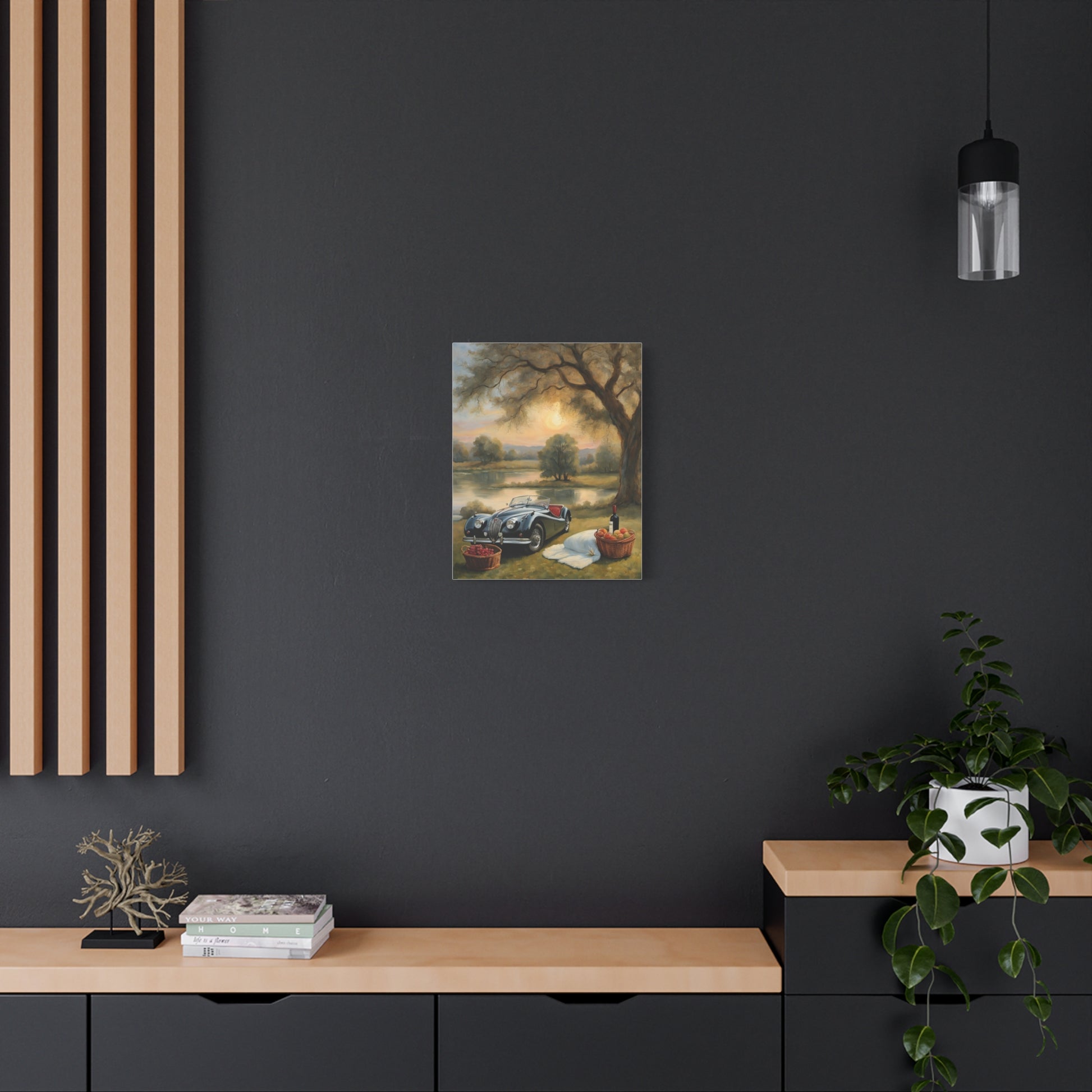 Scenic Car Print displayed in a modern living room with wooden accents and plants