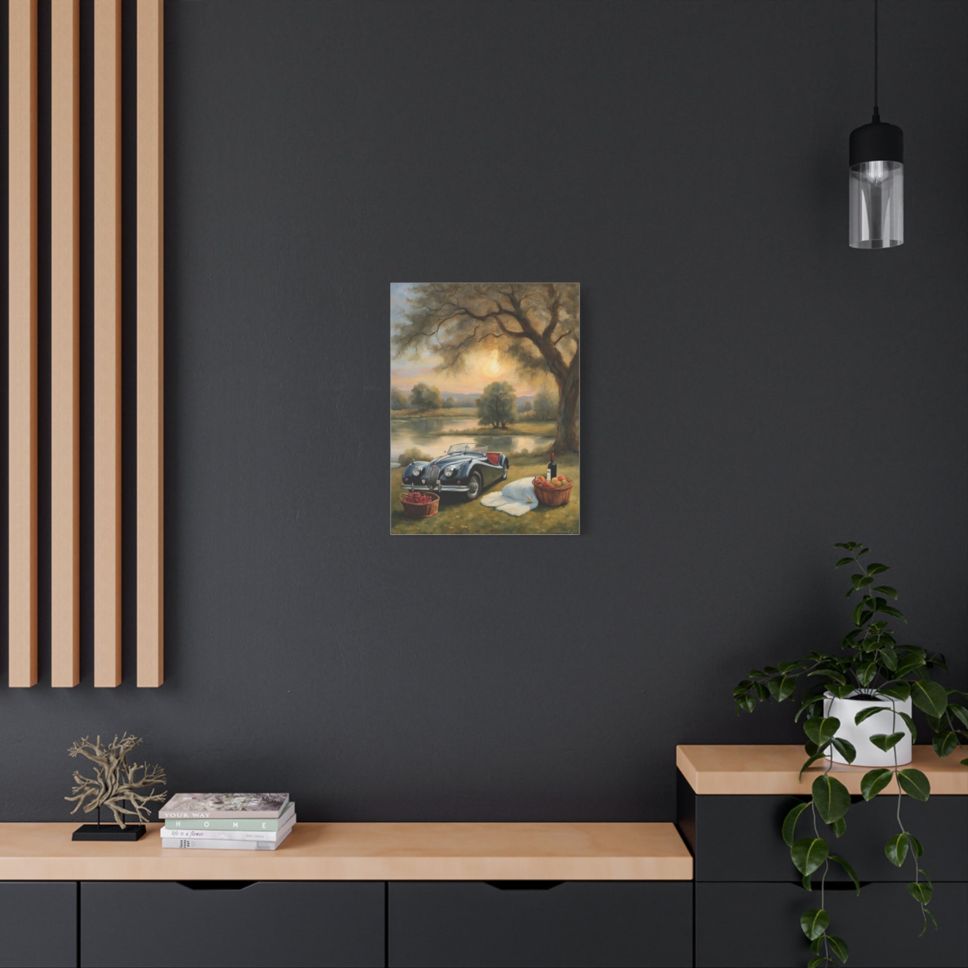 Scenic Car Print displayed in a modern interior setting with wooden elements and plants