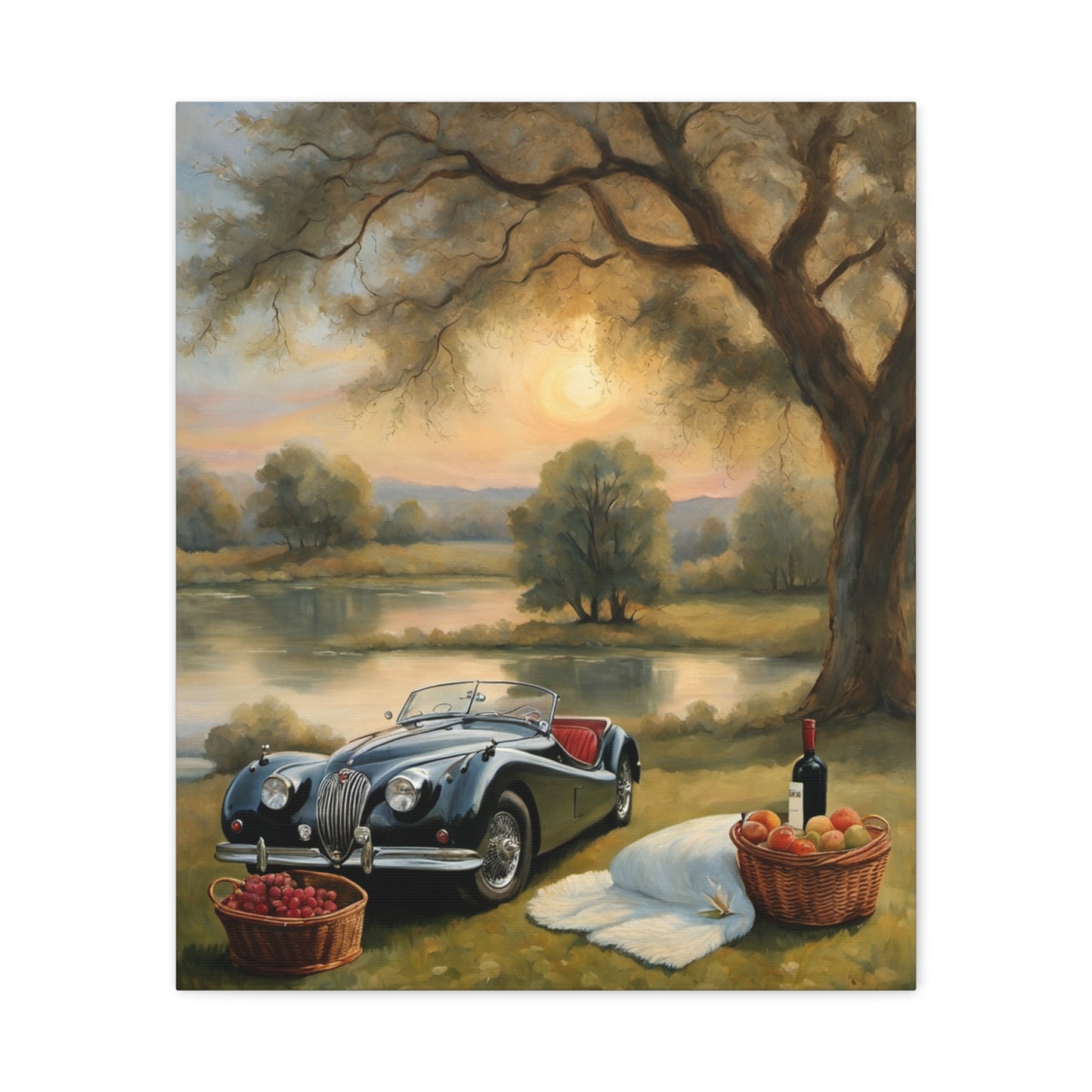 Scenic Car Print featuring a classic black car by a serene lake with picnic baskets