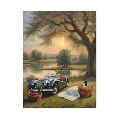 Scenic Car Print featuring a vintage black car by a lake with a picnic setup under a tree