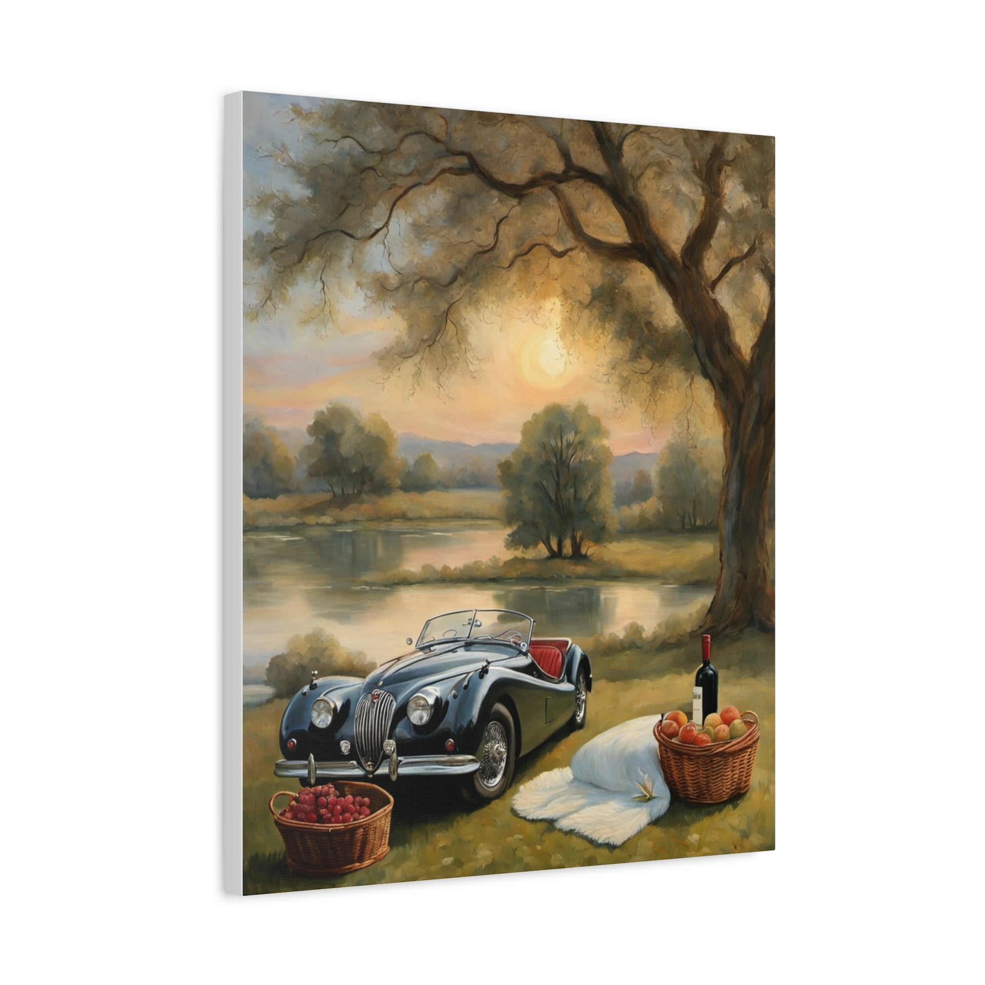 Scenic Car Print featuring a classic car near a lakeside picnic with wine and fruit baskets