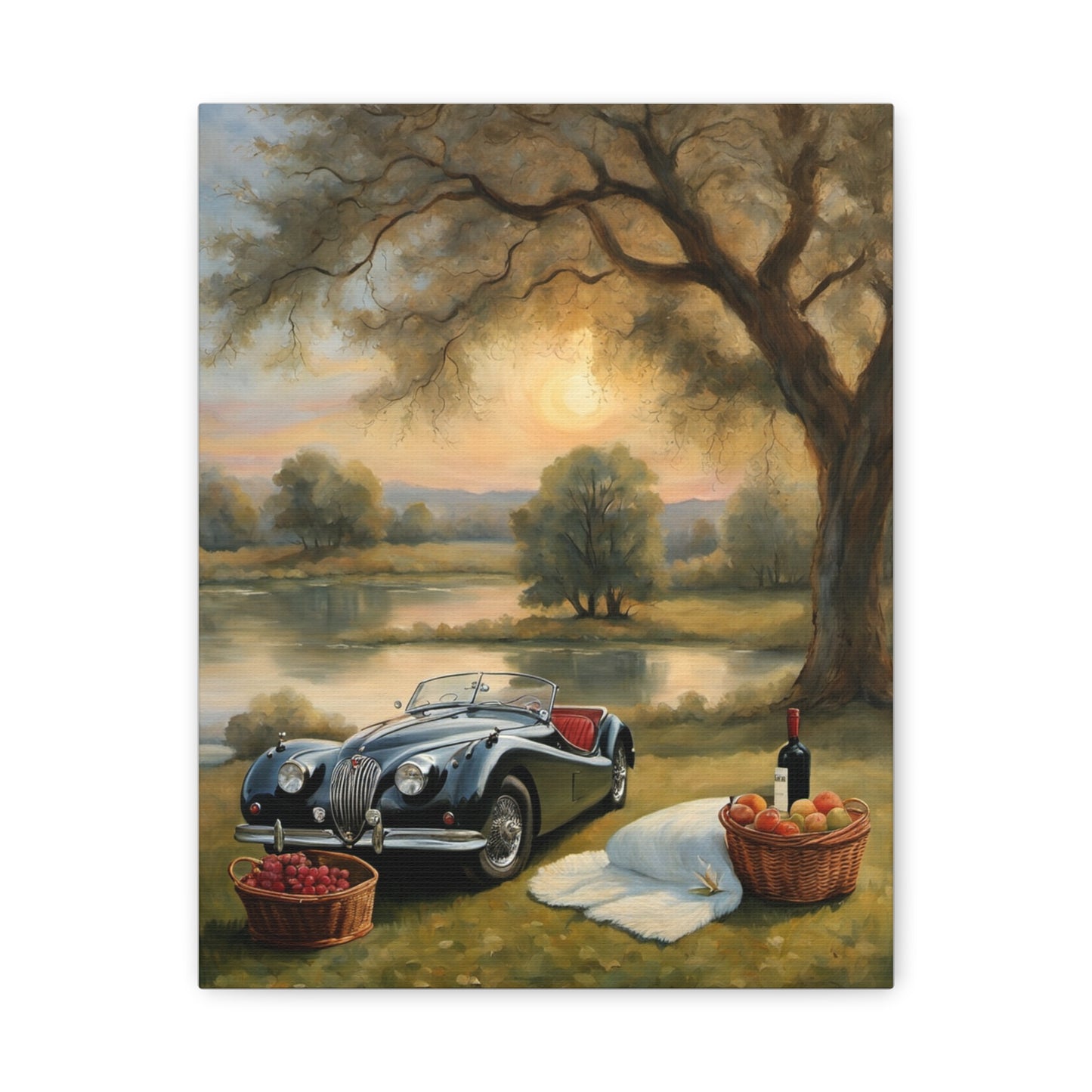 Scenic Car Print featuring a vintage black car beside a picnic setup near a serene lake
