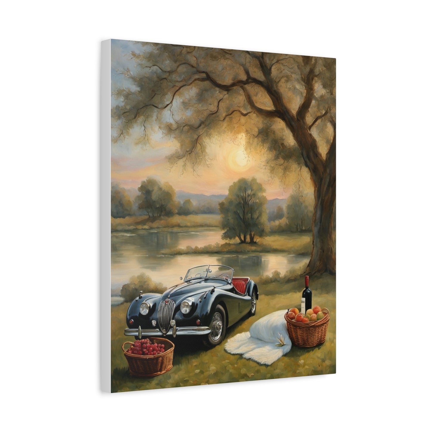 Scenic Car Print featuring a vintage black car by a peaceful lake with picnic baskets and sunset backdrop