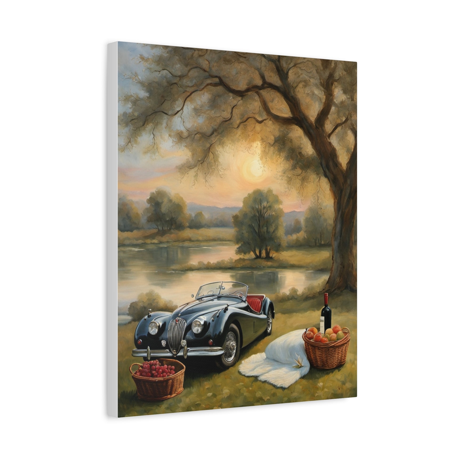 Scenic Car Print featuring a vintage black car by a peaceful lake with picnic baskets and sunset backdrop
