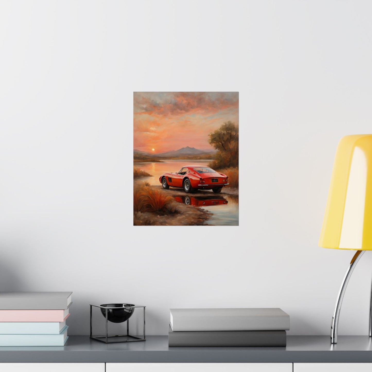 Scenic Car Wall Art featuring a red sports car by a serene landscape at sunset