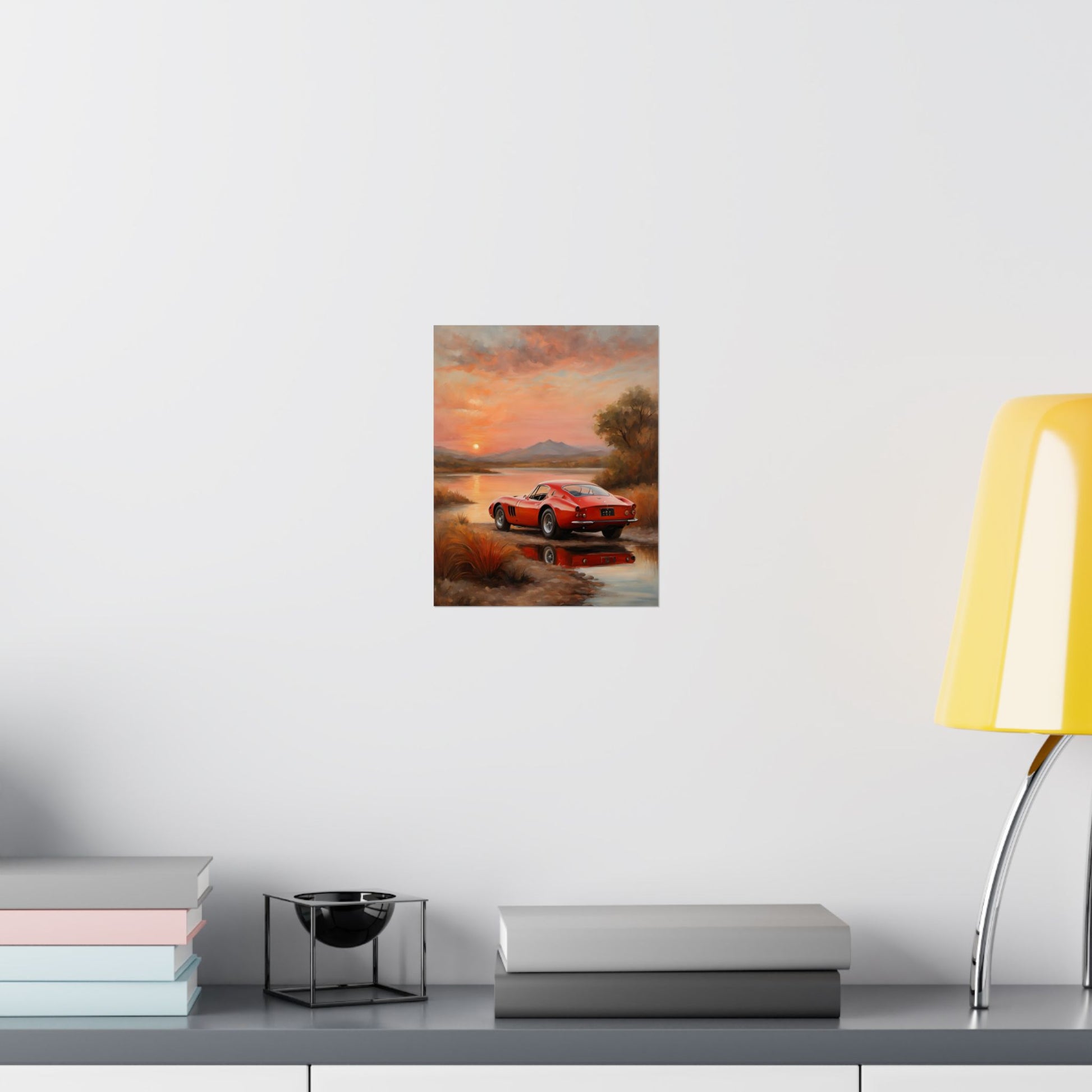 Scenic Car Wall Art featuring a red vintage car by a serene landscape at sunset
