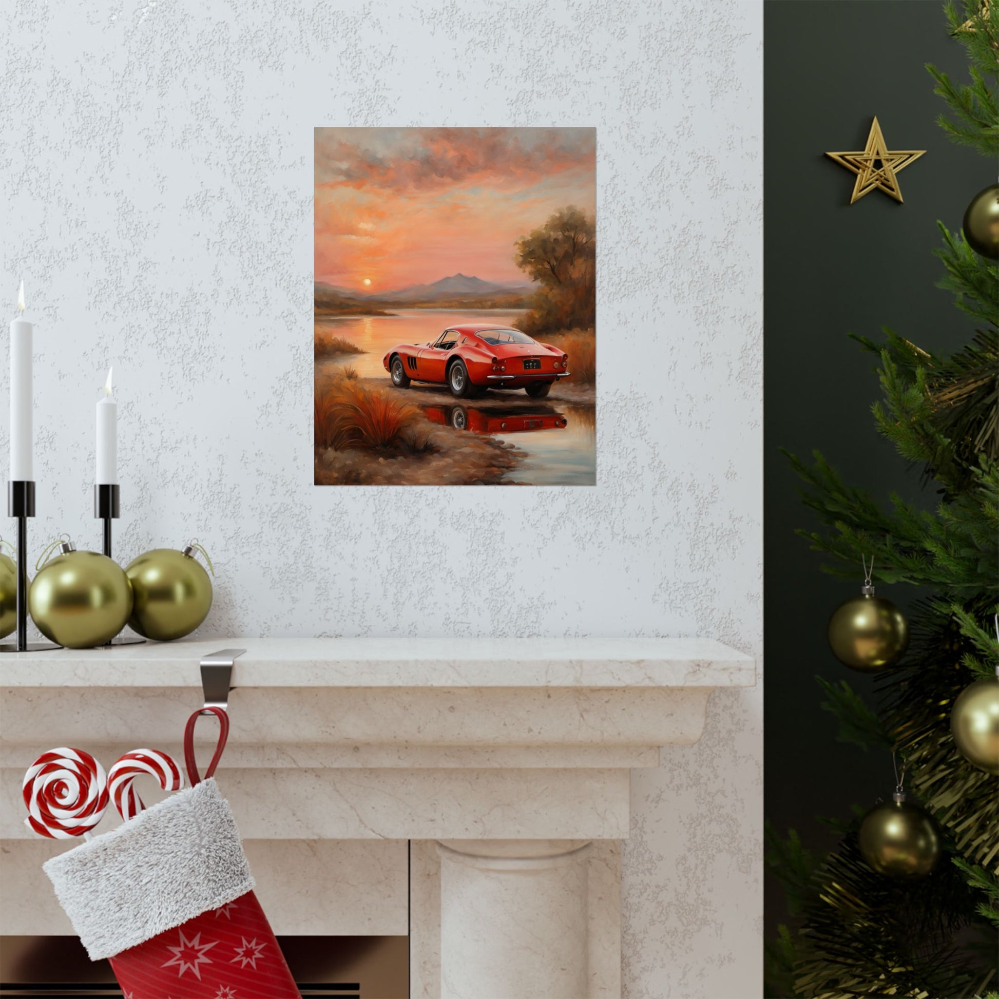 Scenic Car Wall Art featuring a red sports car against a sunset landscape, perfect for home decor