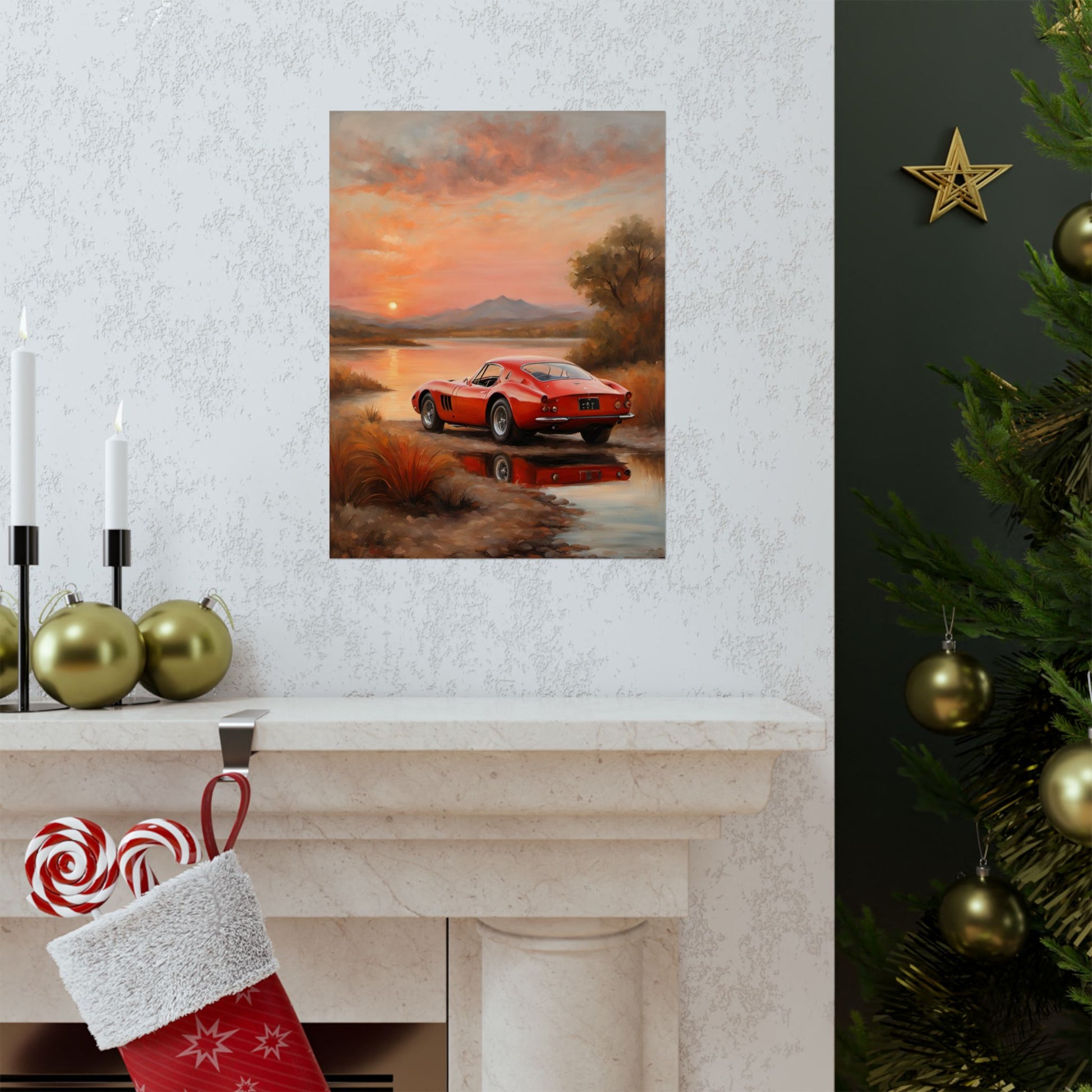 Scenic Car Wall Art featuring a red vintage car by a serene landscape with mountains and sunset