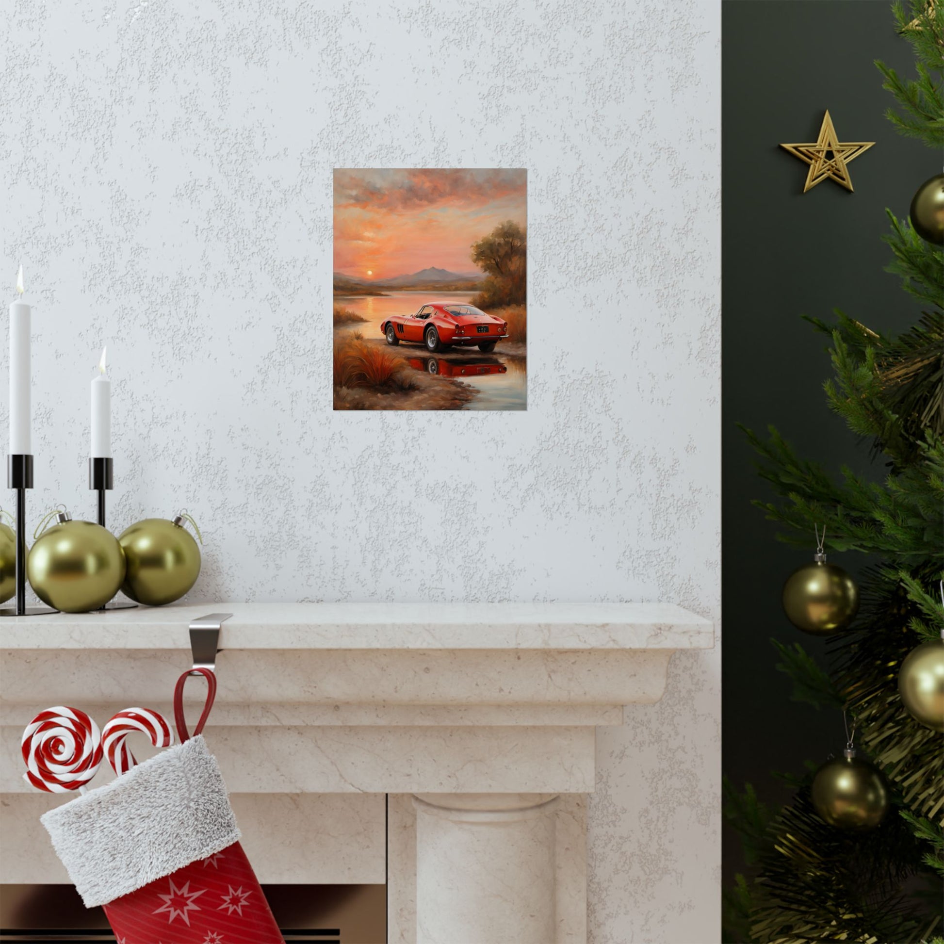Scenic Car Wall Art featuring a vintage red car by a lake at sunset, perfect for home decor
