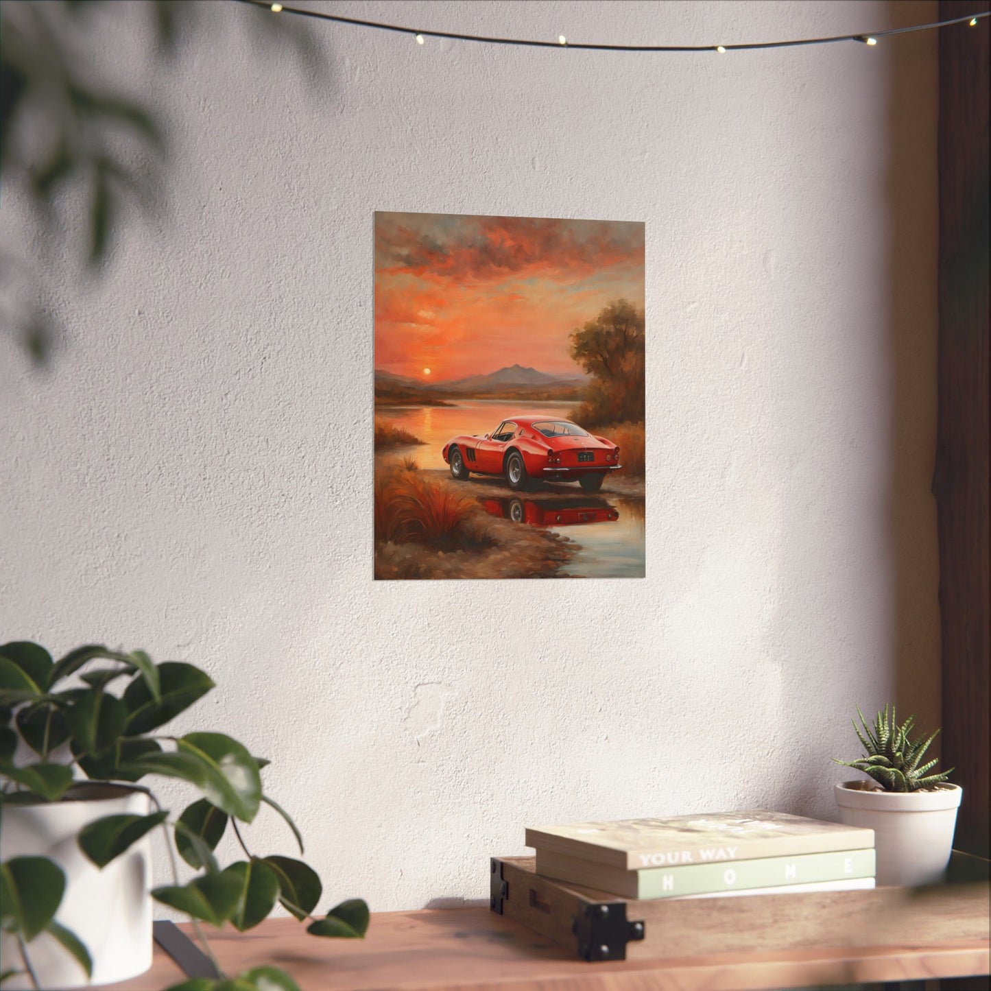 Scenic Car Wall Art featuring a red sports car by a tranquil lake at sunset