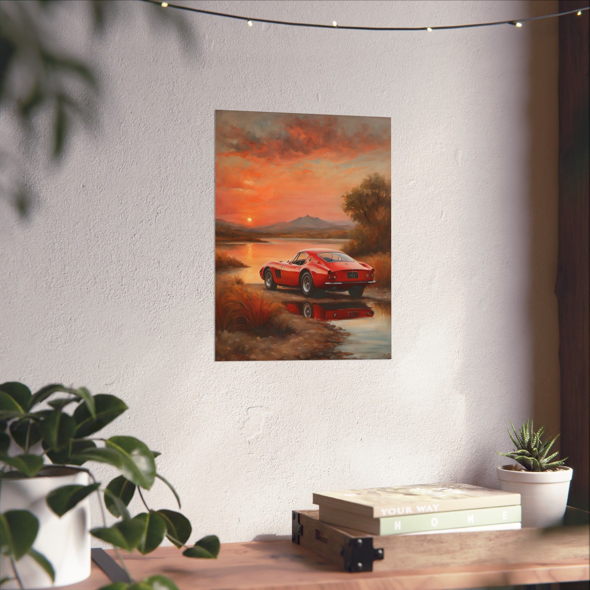 Scenic Car Wall Art featuring a red sports car by a tranquil sunset river scene