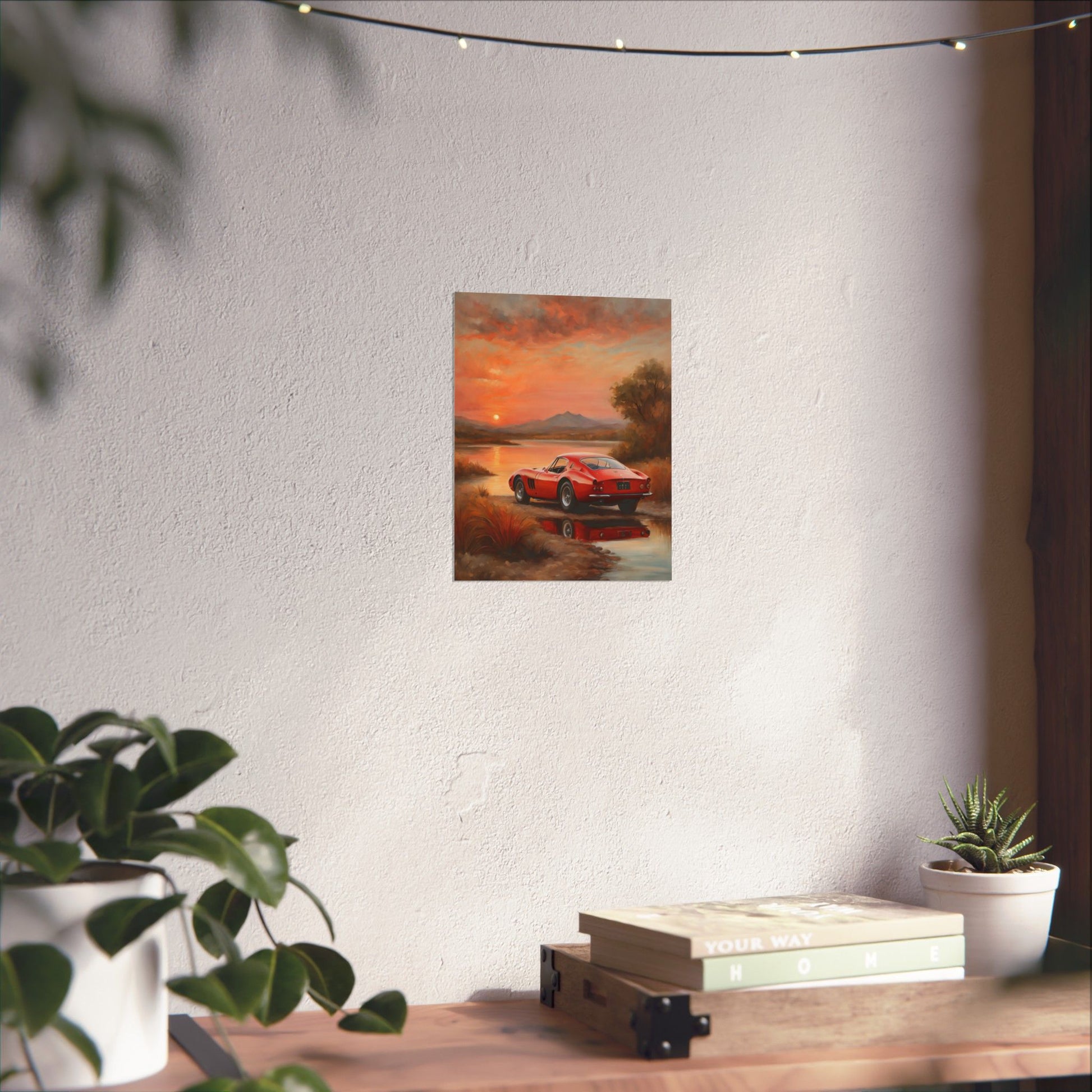 Scenic Car Wall Art featuring a red car against a beautiful sunset backdrop in a cozy room