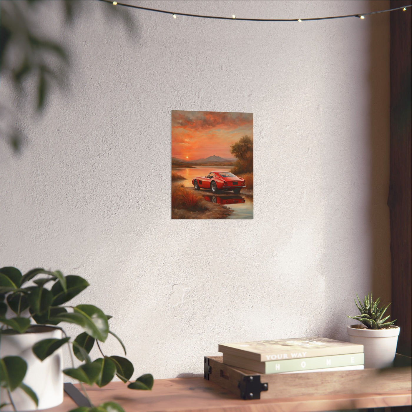Scenic Car Wall Art featuring a red car against a beautiful sunset backdrop in a cozy room