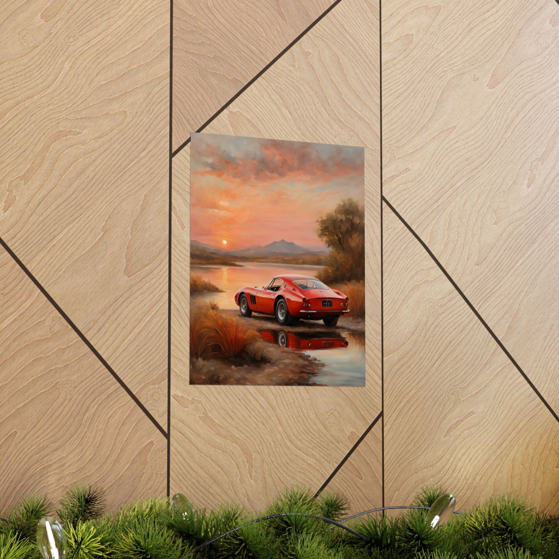 Scenic Car Wall Art featuring a red sports car parked by a serene lake at sunset