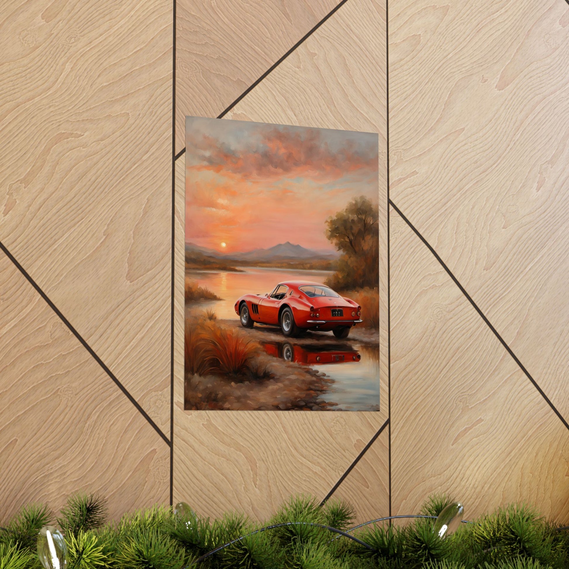 Scenic Car Wall Art featuring a red sports car by a tranquil river at sunset