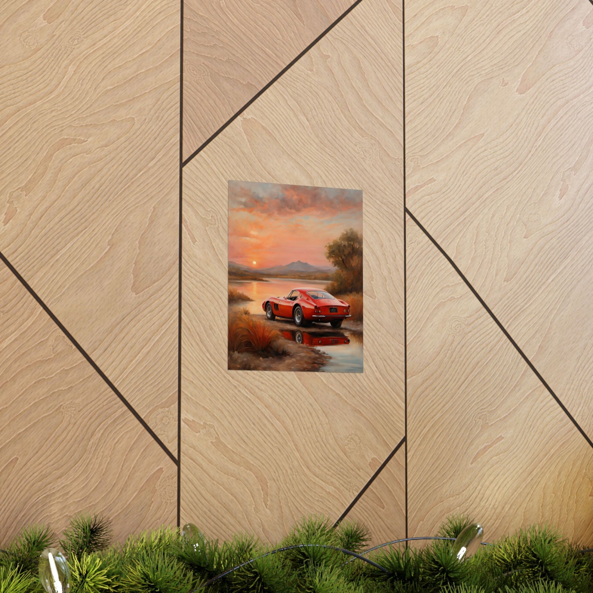 Scenic Car Wall Art featuring a red sports car by a serene lake at sunset
