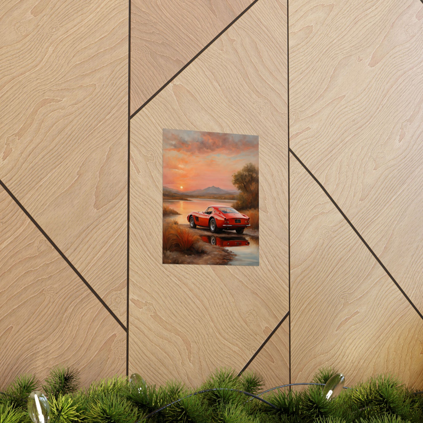 Scenic Car Wall Art featuring a red sports car by a serene lake at sunset