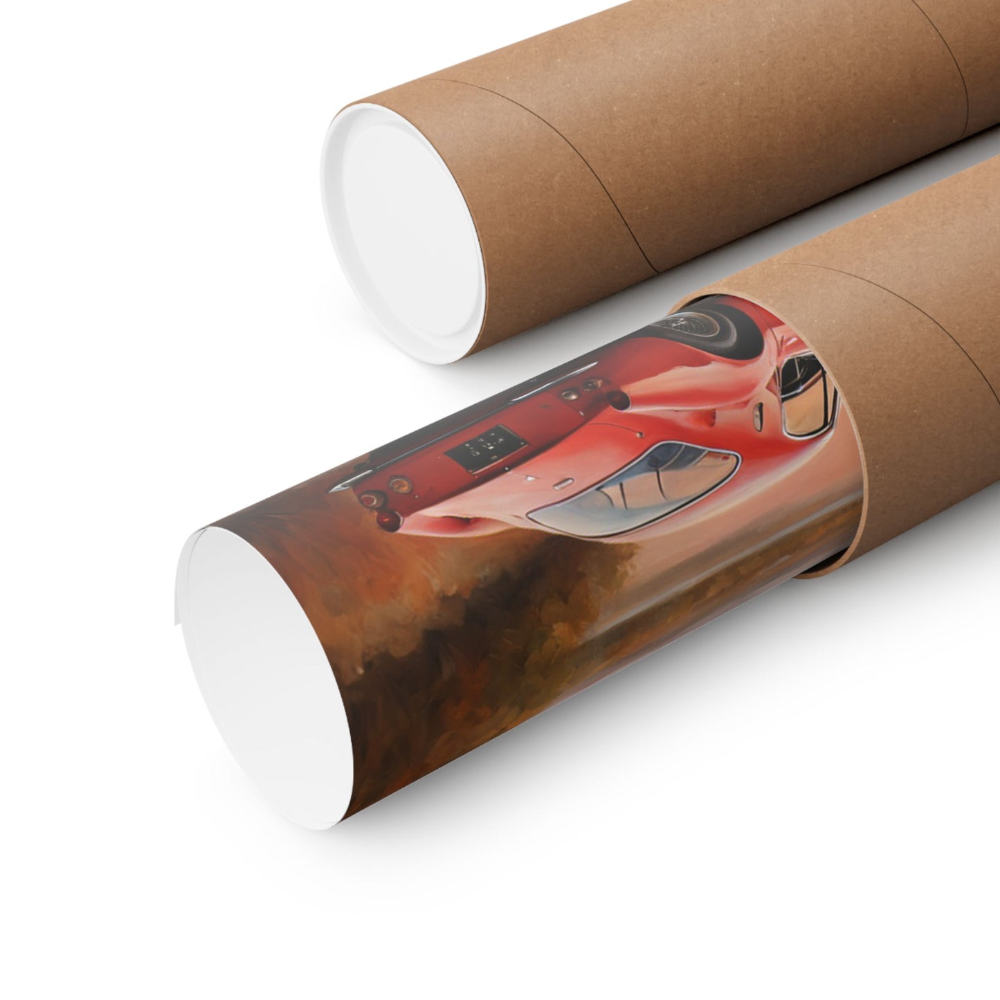 Scenic Car Wall Art featuring a vibrant red car with dynamic backgrounds in a rolled poster tube