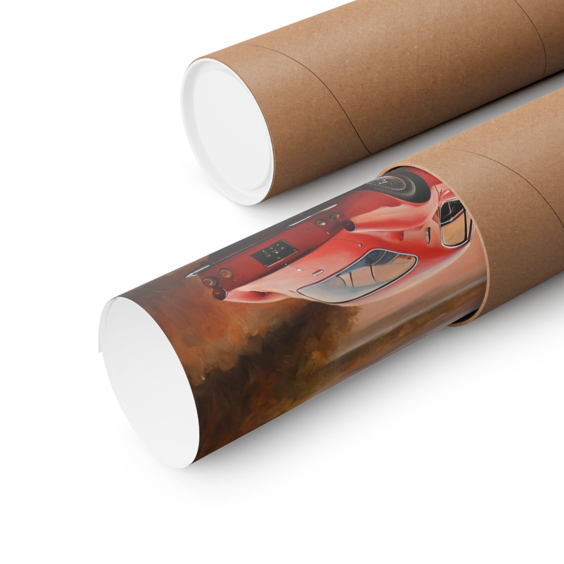 Scenic Car Wall Art featuring a vibrant red car with dynamic backgrounds in a rolled poster tube