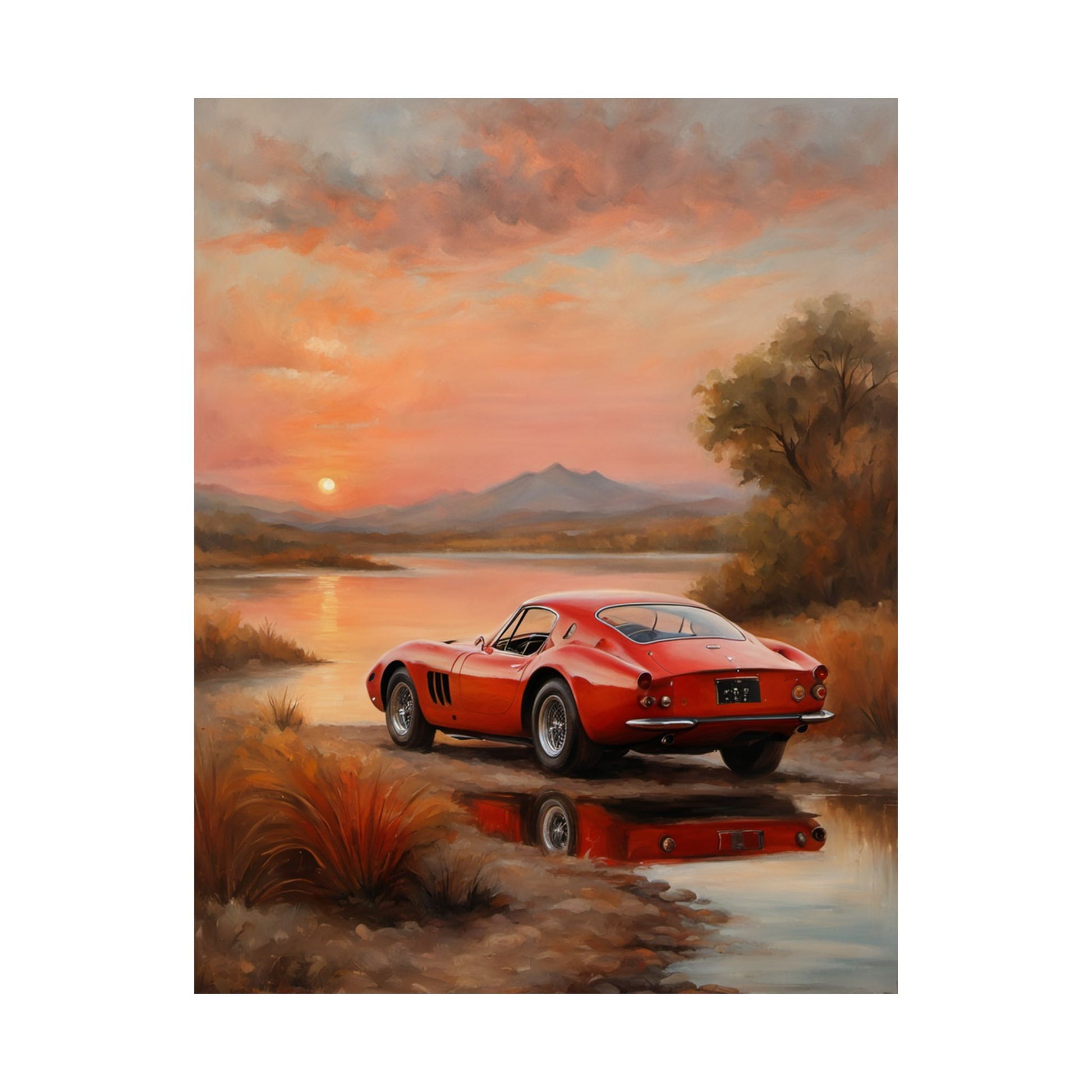 Scenic Car Wall Art featuring a red old car by a serene lake at sunset
