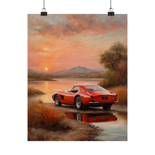 Scenic Car Wall Art featuring a red classic car by a peaceful lake at sunset