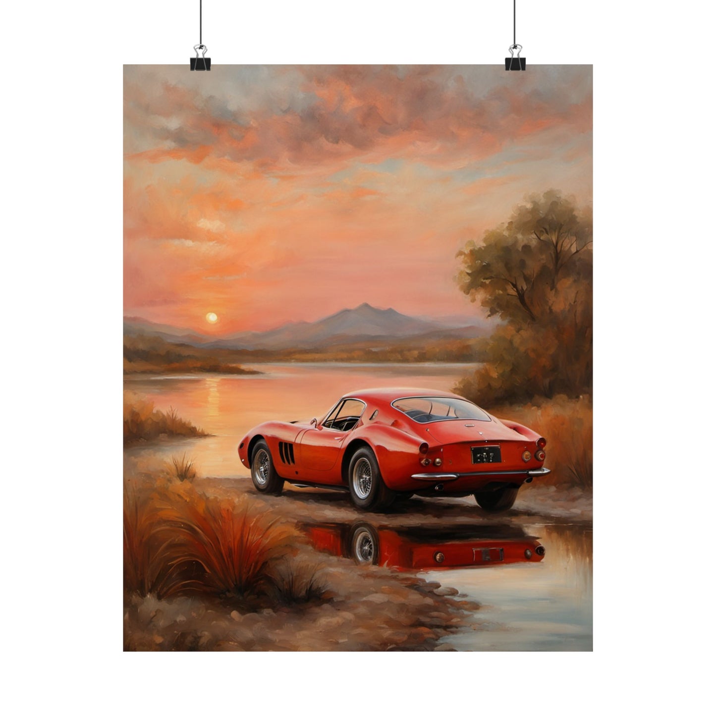 Scenic Car Wall Art featuring a red vintage car by a serene lake at sunset