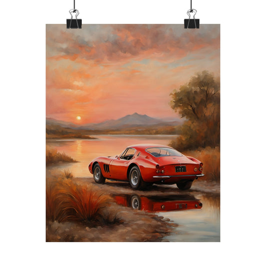 Scenic Car Wall Art featuring a red classic car at sunset by a tranquil lake